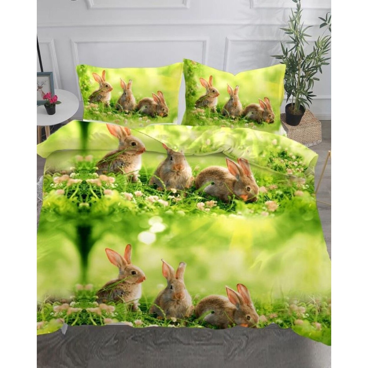 Set Lenjerie Bumbac Satinat Superior, 4 Piese, Pat 2 Persoane, Rabbits
