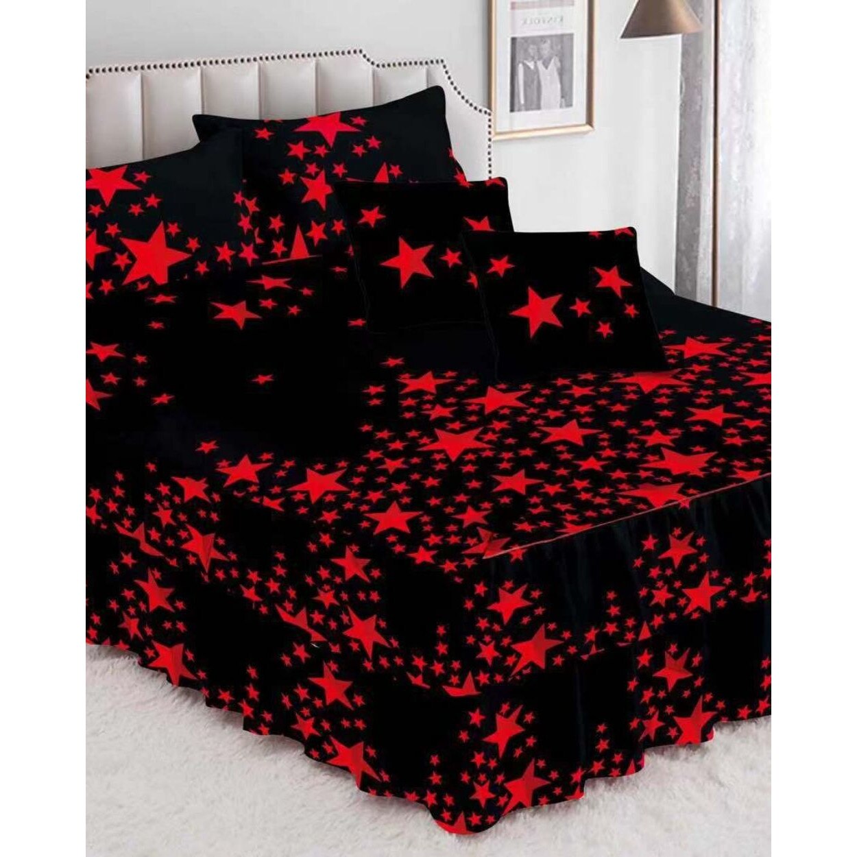 Lenjerie Finet Satinat cu Volanase, 6 Piese, Pat 2 Persoane, FNVC-48