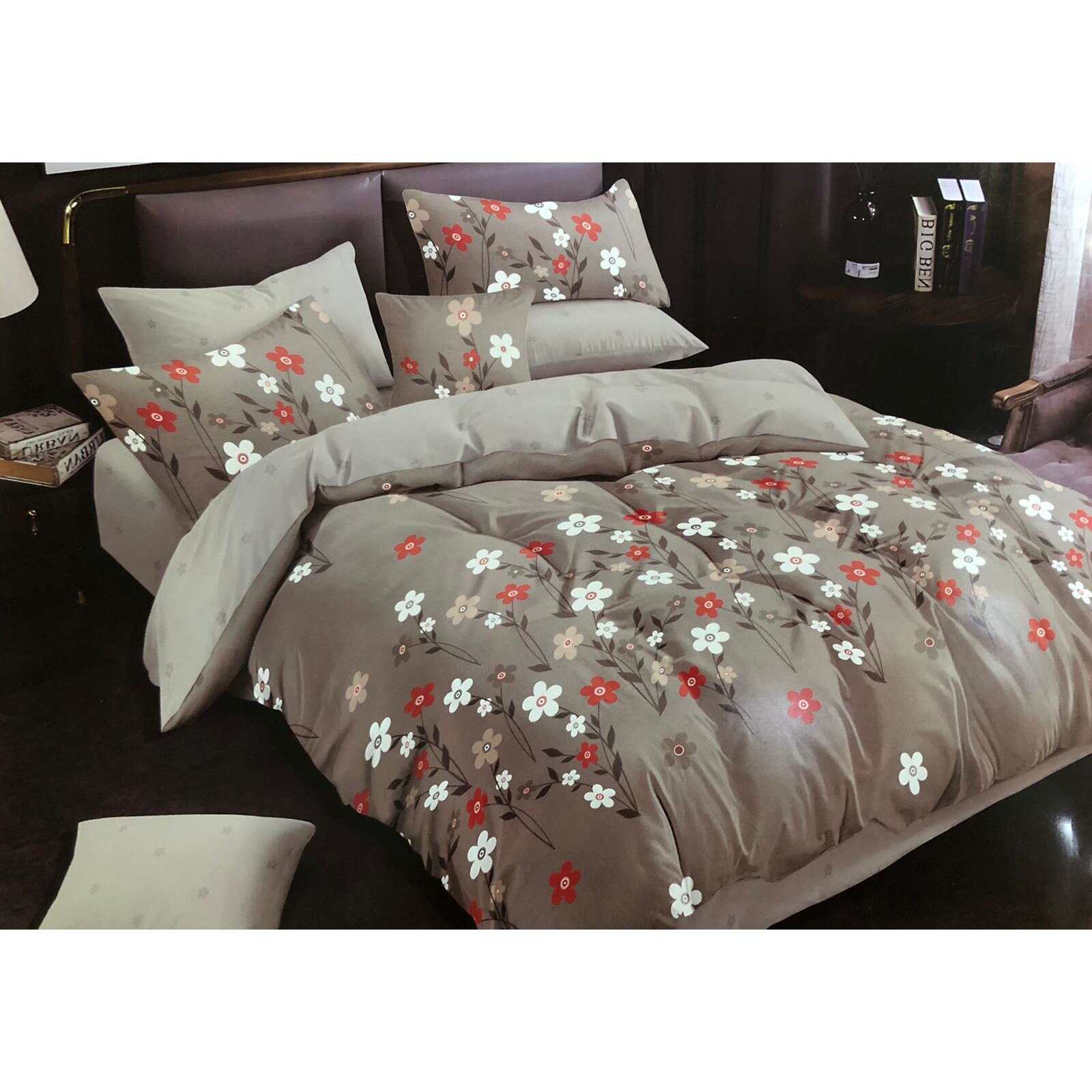 Lenjerie de pat cu flori, 2 persoane 6 piese, Finet Super Elegant, Gri cu flori