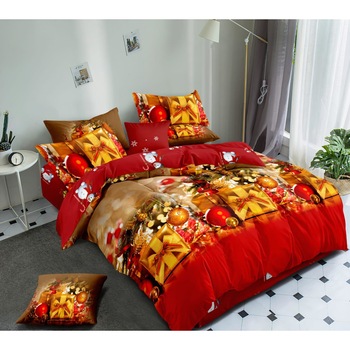 Lenjerie de pat 2 persoane, 6 piese, 2 fete, Finet, Pucioasa, Model Craciun cu cadouri si globuri Lenjerie de pat 2 persoane, 6 piese, 2 fete, Finet, Pucioasa, Model Craciun cu cadouri si globuri