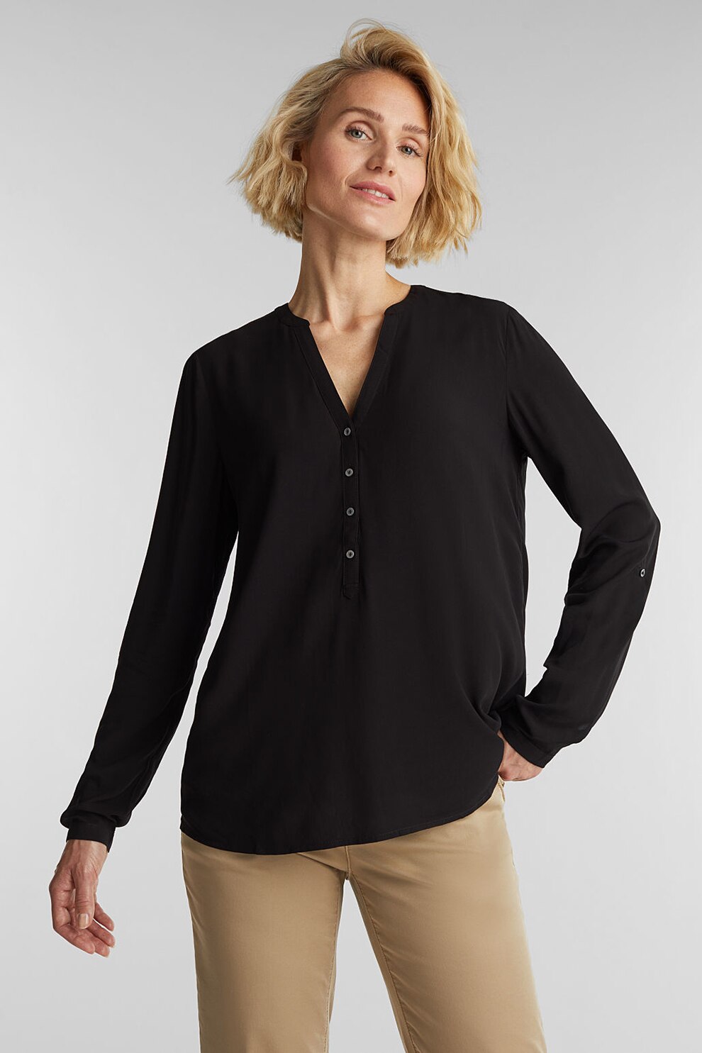 Esprit, Bluza lejera tip tunica cu maneci ajustabile, Negru, XS