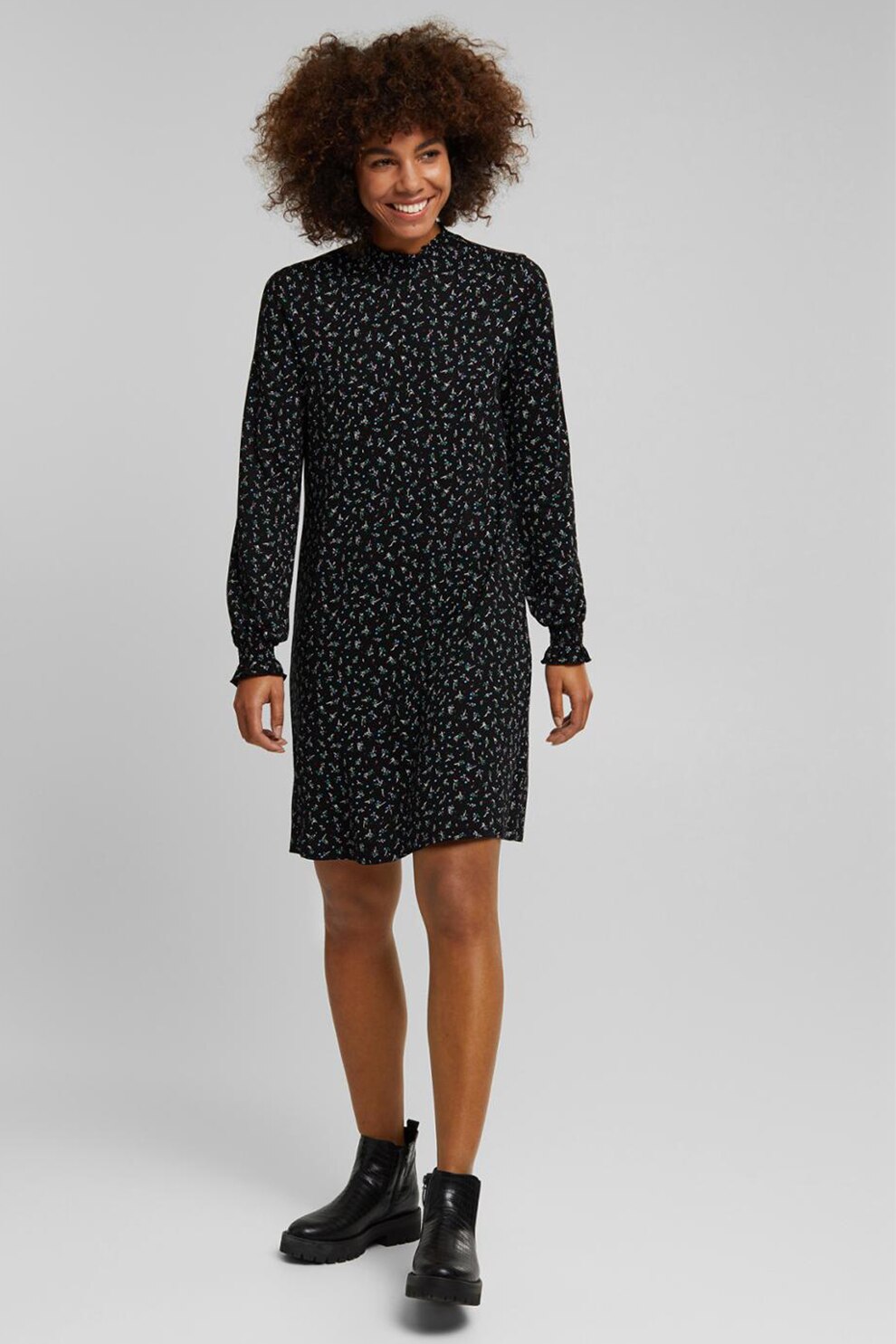 Esprit, Rochie evazata cu maneci lungi, Negru/Multicolor