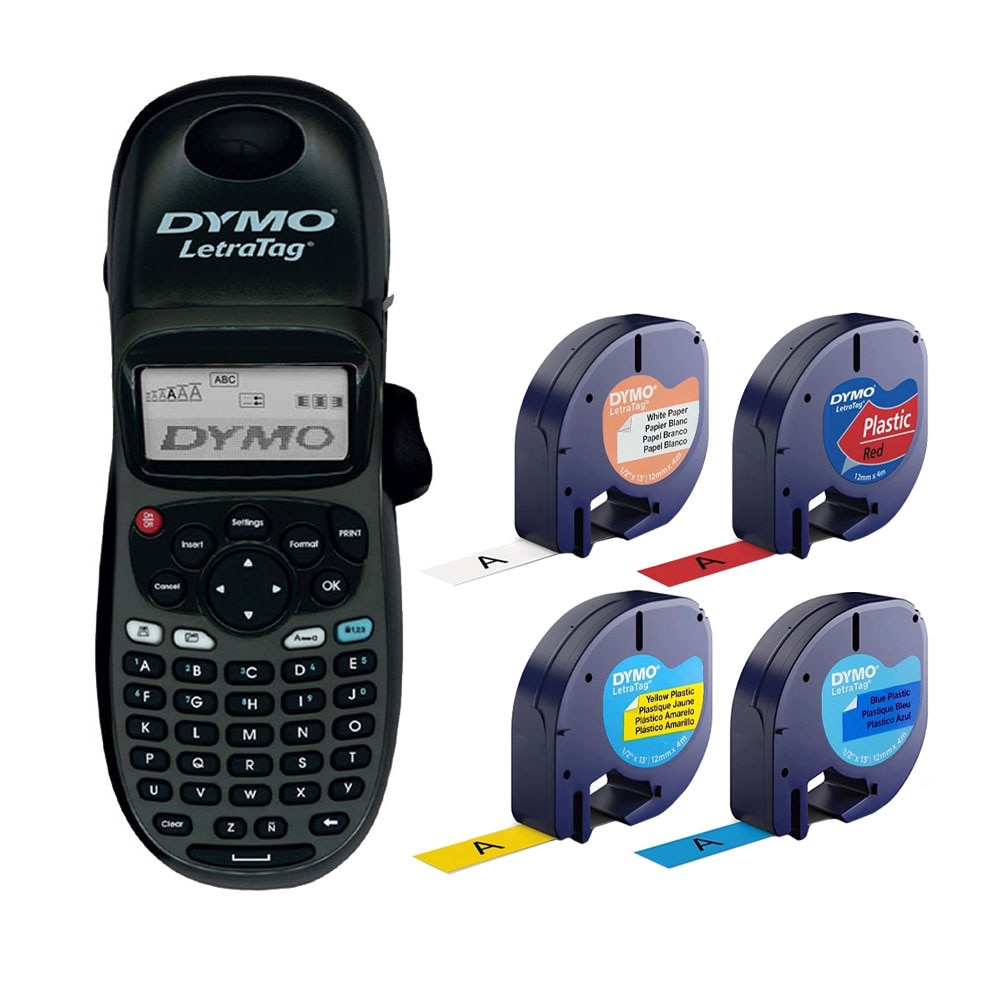 Set Etichetator Dymo LetraTag LT-100H Plus Black Edition, ABC si 3 benzi originale Dymo, rosu, galben si albastru