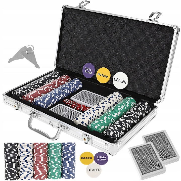 Комплексен покер комплект с 300 чипа idealSTORE, Vegas Master Lux, Включва 2 комплекта карти, 5 зара, Окомплектован с алуминиев куфар с размери 39x7x27 cm