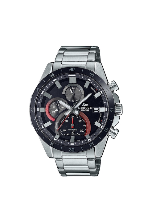 Casio, Часовник с хронометър и метална верижка, Сребрист / Черен