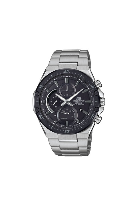 Casio, Часовник от инокс с хронометър и слънчева батерия, Сребрист / Черен