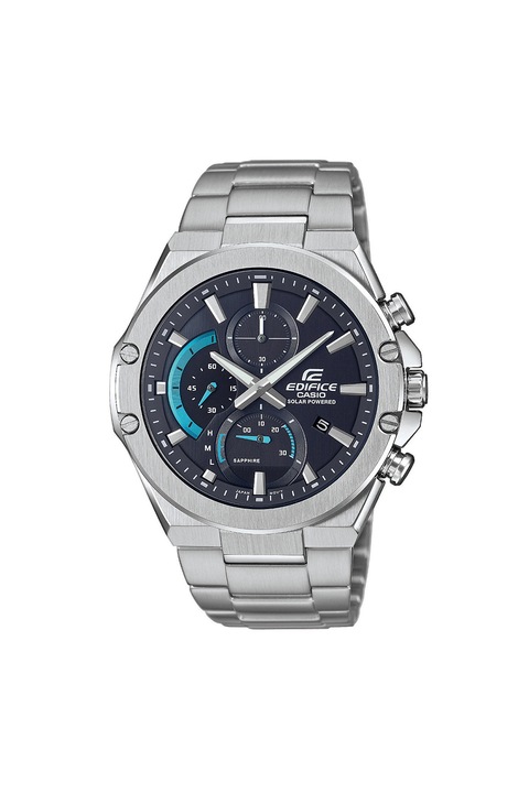 Casio, Часовник от инокс със слънчева батерия, Сребрист / Тъмносин