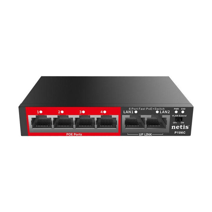 Switch PoE Netis P106C 6 porturi WLAN cu 4 porturi PoE max. 30W/port,65W, 4kV, watchdog, 250m