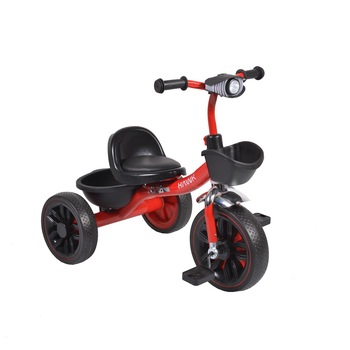 Tricicleta cu pedale NOVOKIDS™ Hawk Trike , Cu melodii si lumini, Doua cosulete pentru jucarii, Max 25 kg, Roti din cauciuc EVA, Cadru metalic, Far luminos, Rosu