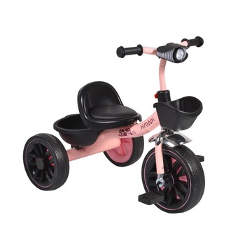 Tricicleta cu pedale NOVOKIDS™ Hawk Trike , Cu melodii si lumini, Doua cosulete pentru jucarii, Max 25 kg, Roti din cauciuc EVA, Cadru metalic, Far luminos, Roz