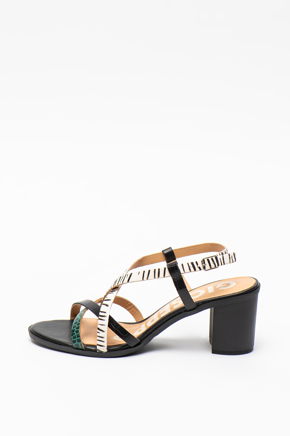 Gioseppo, Sandale de piele cu barete multiple si toc masiv Stanton, Verde/Negru/Argintiu, 41