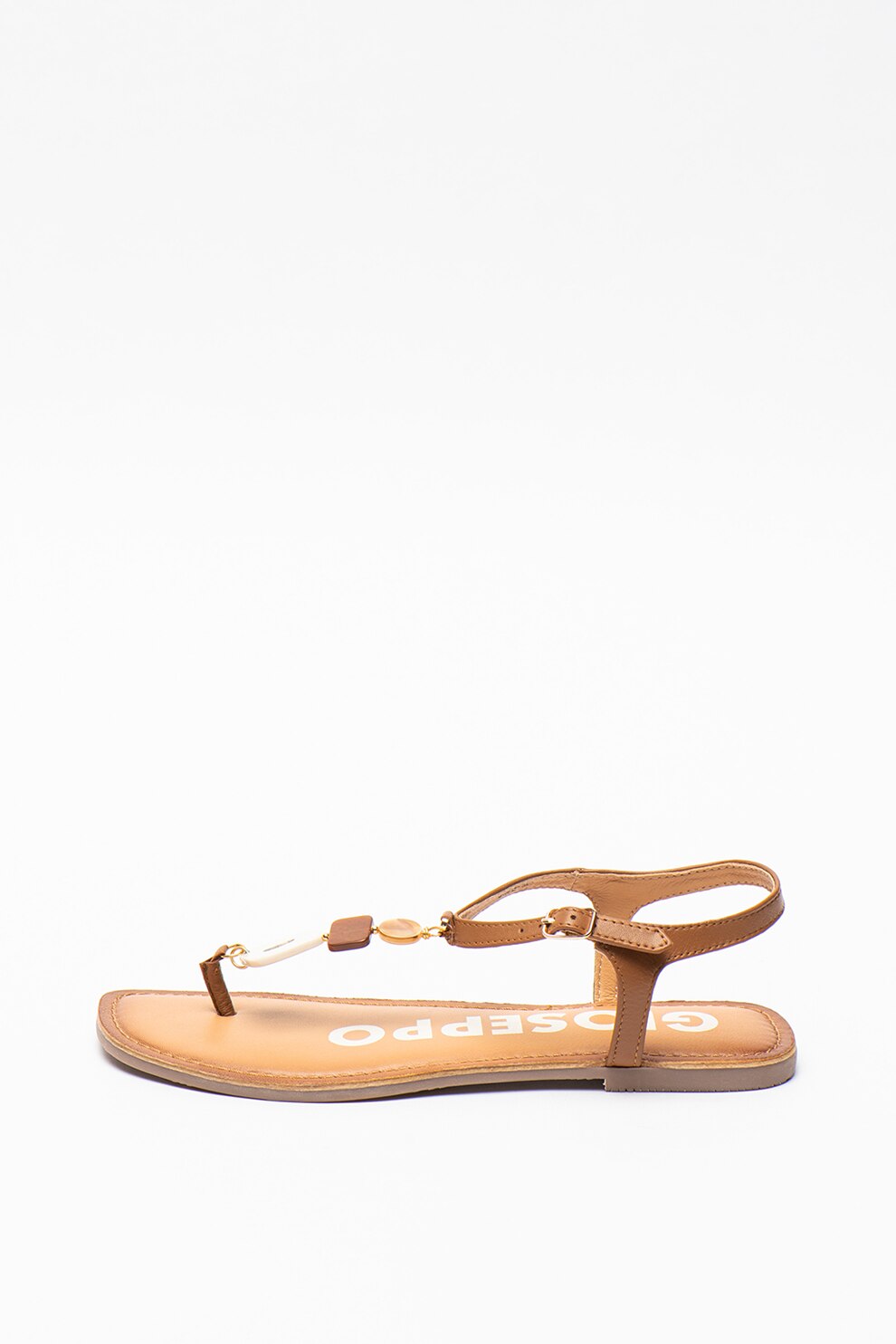 Gioseppo, Sandale de piele cu bareta separatoare si margele Taveta, Maro/Alb, 41