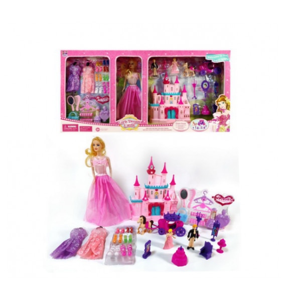 Set papusa cu castel si garderoba, 39 piese,56x43 cm
