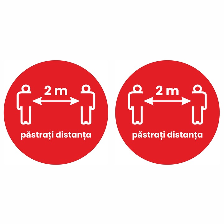 Set 2 stickere podea Pastreaza distanta 2m, Alb-Rosu, 30 x 30cm