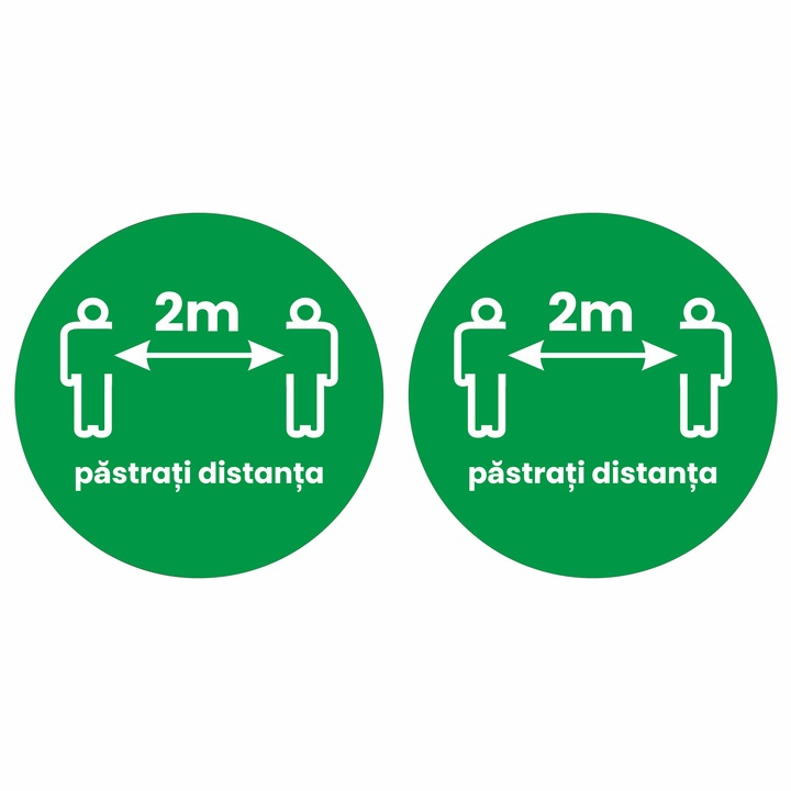 Set 2 stickere podea Pastreaza distanta 2m, Alb-Verde, 30 x 30cm