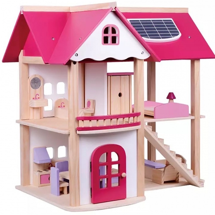 Къща за кукли Malplay, Дървена, Дървени мебели, 53 см, Розов