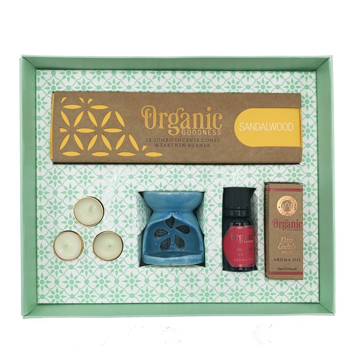 Set cadou aromaterapie cu ulei esential, conuri parfumate si suport, Organic Goodness