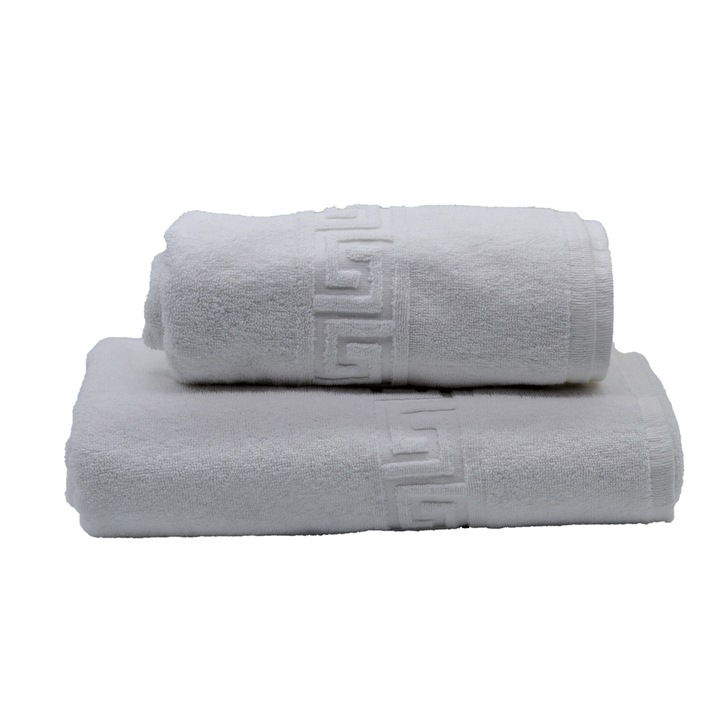 Комплект 2 хавлиени кърпи Cozy Towels, 50x90 / 70x140, 100% памук, 650 гр/кв.м, бял гръцки десен