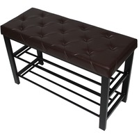 Bancheta tapitata cu suport pentru incaltaminte, 2 rafturi, cadru din metal, 81 x 32 x 49 cm, Grunberg TB91 Maro