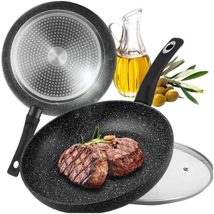 Tigaie ceramica cu capac, Edenberg 28cm, Pentru prajit marble, Inductie electrica, Flacara gaz, Negru