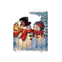 Perdea pentru dus, model Craciun, cuplu de Oameni de zapada, Multicolor, 180x180 cm