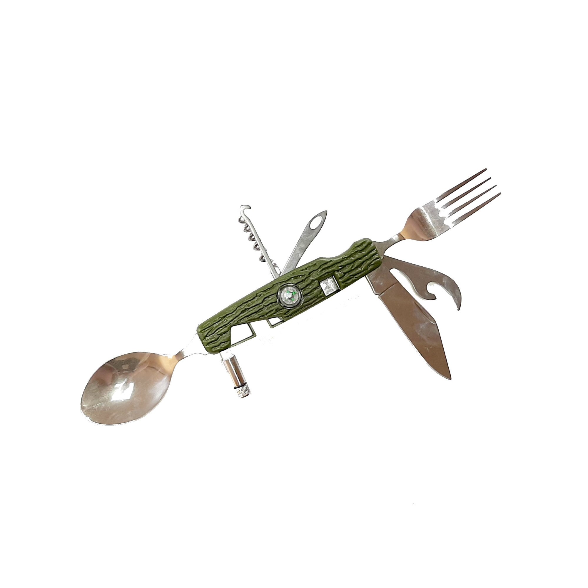 Briceag multifunctional pentru Camping lingura plus furculita busola si lanterna