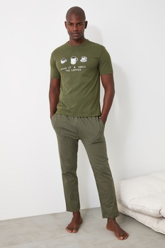 Trendyol - Mintás pamutpizsama, Katonai zöld/Fehér