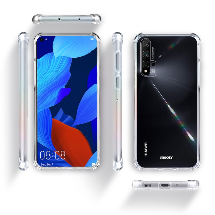 Удароустойчив калъф, Moozy, за Huawei Nova 5T / Honor 20, Прозрачен, Силикон