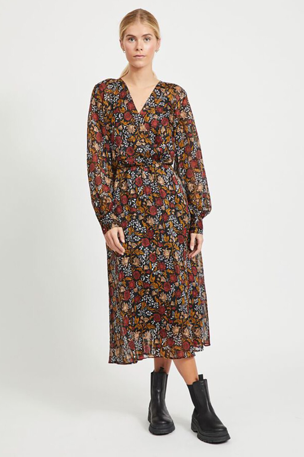 Vila, Rochie midi cu imprimeu floral, Negru/Rosu/Maro, XS