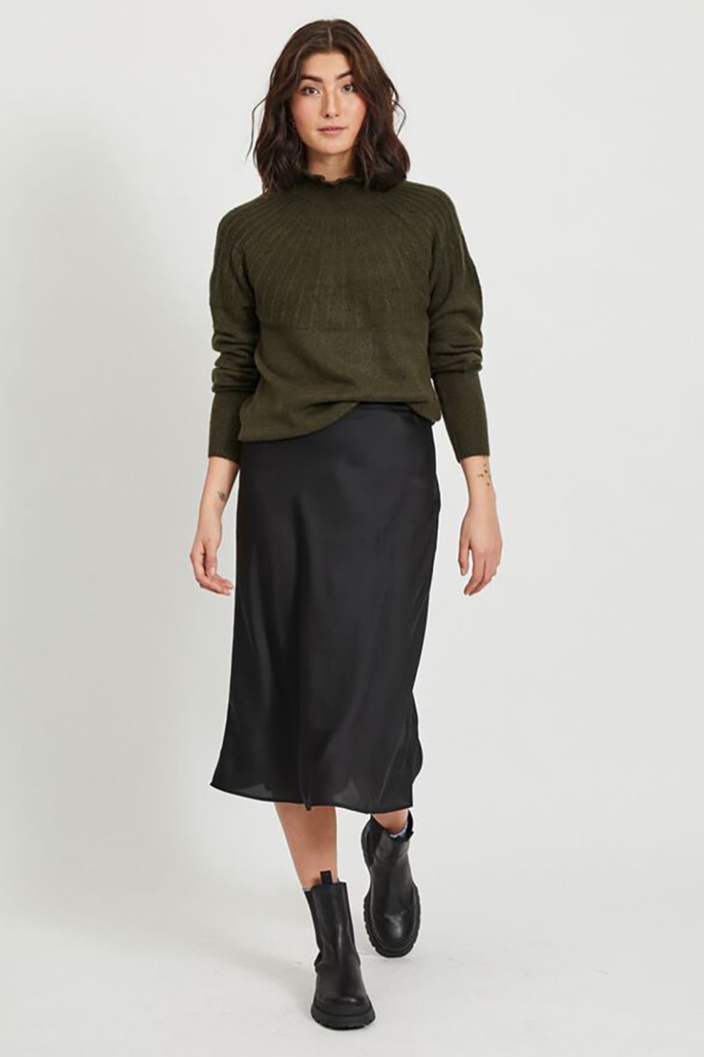 Vila, Pulover tricotat fin cu guler inalt, Verde forest