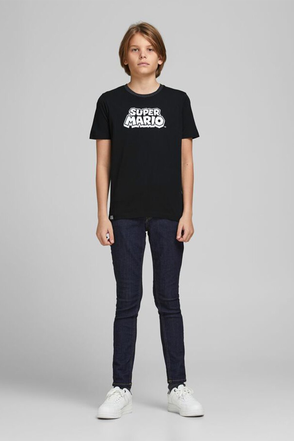 Jack&Jones, Tricou cu decolteu la baza gatului si imprimeu Super Mario, Negru