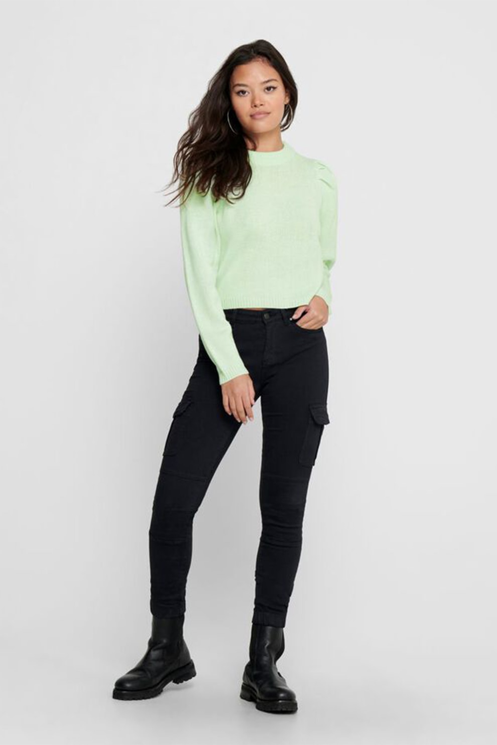 Only, Pulover scurt cu maneci bufante, Verde pal, XL