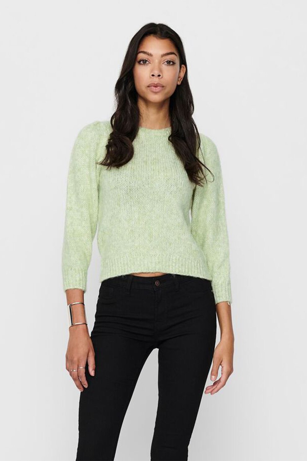 Only, Pulover cu maneci bufante, Verde deschis melange, L