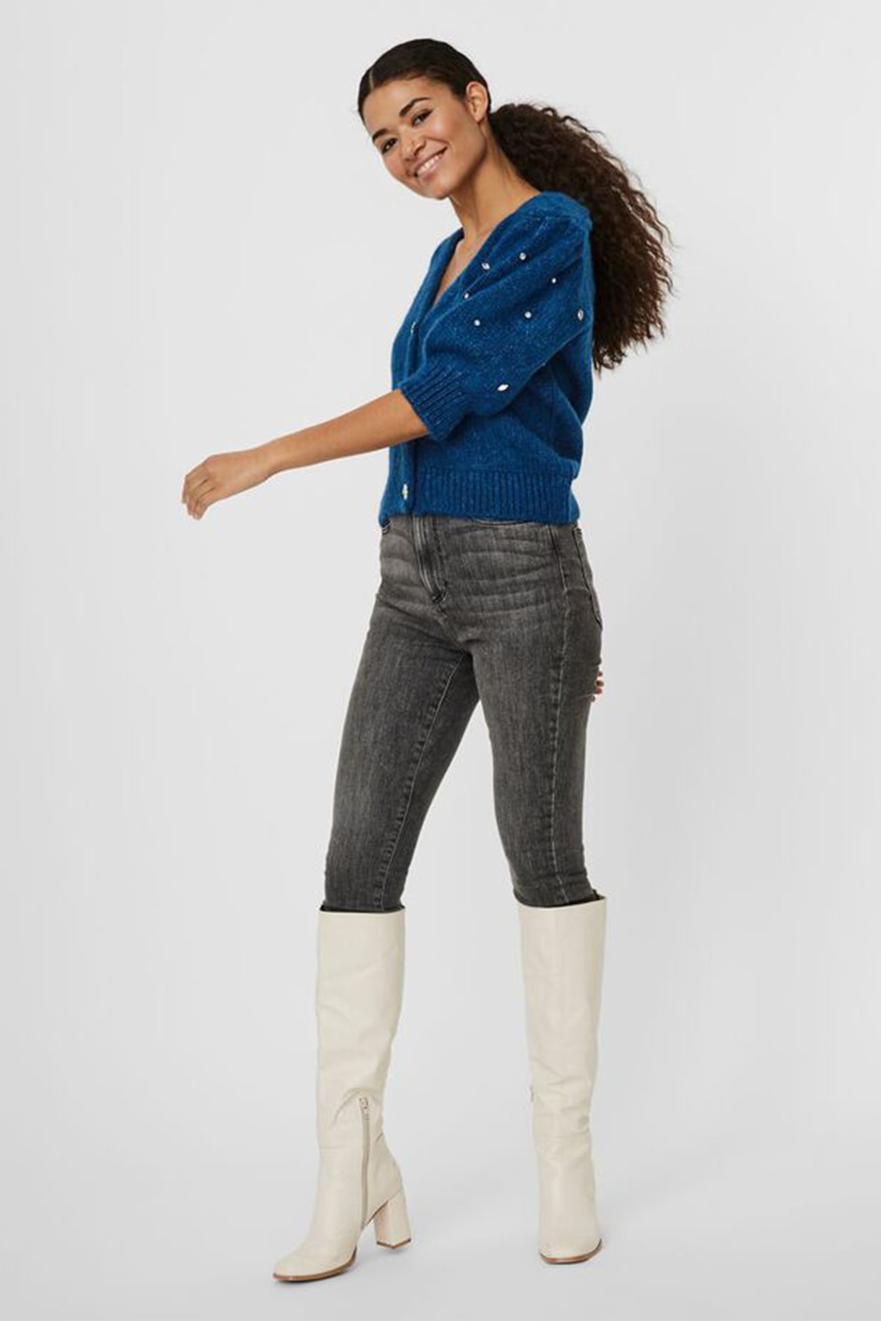 Vero Moda, Cardigan tricotat fin cu maneci bufante, Albastru melange