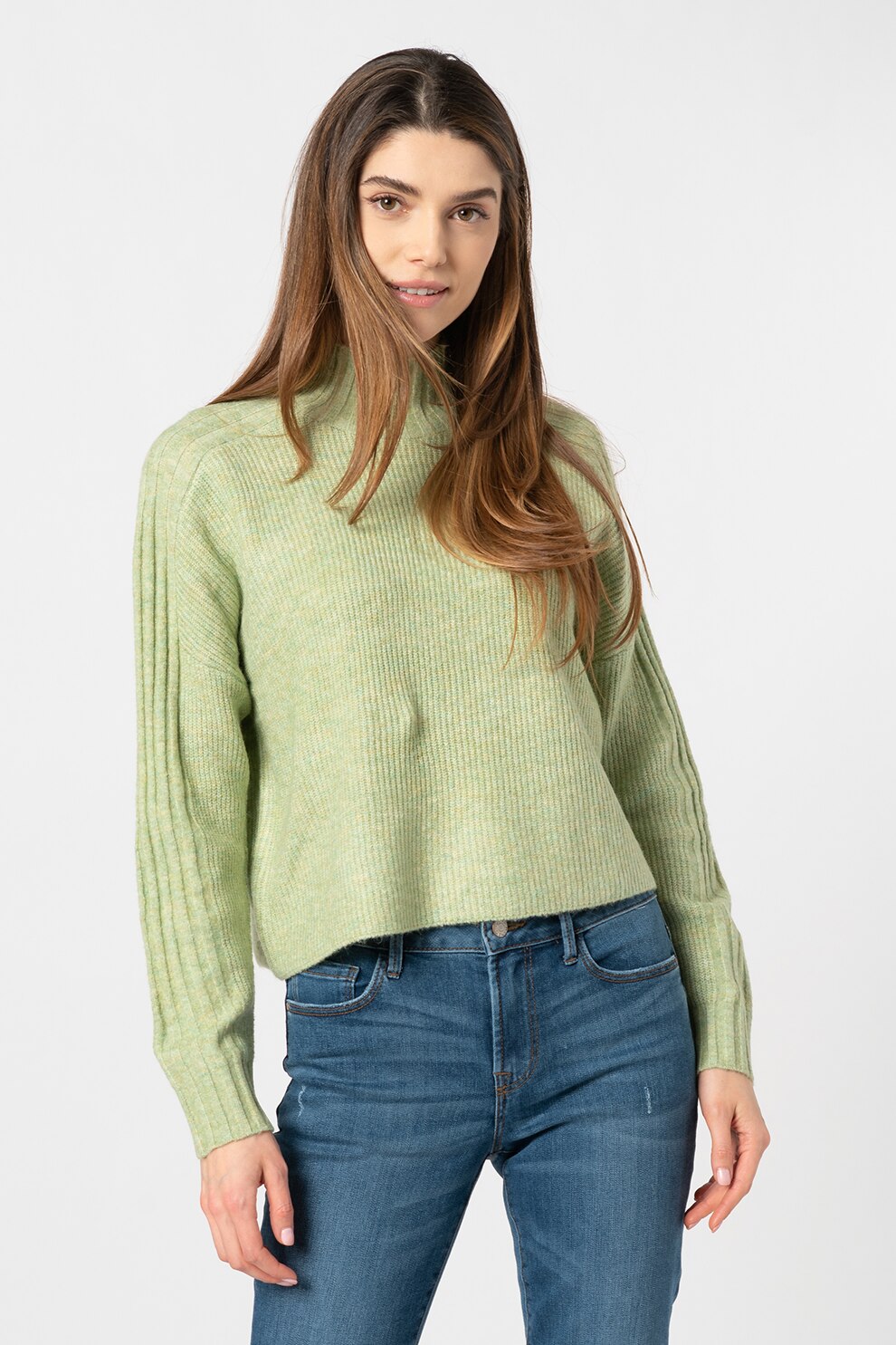 JdY, Pulover cu guler inalt si aspect striat Kim, Verde pal, XL