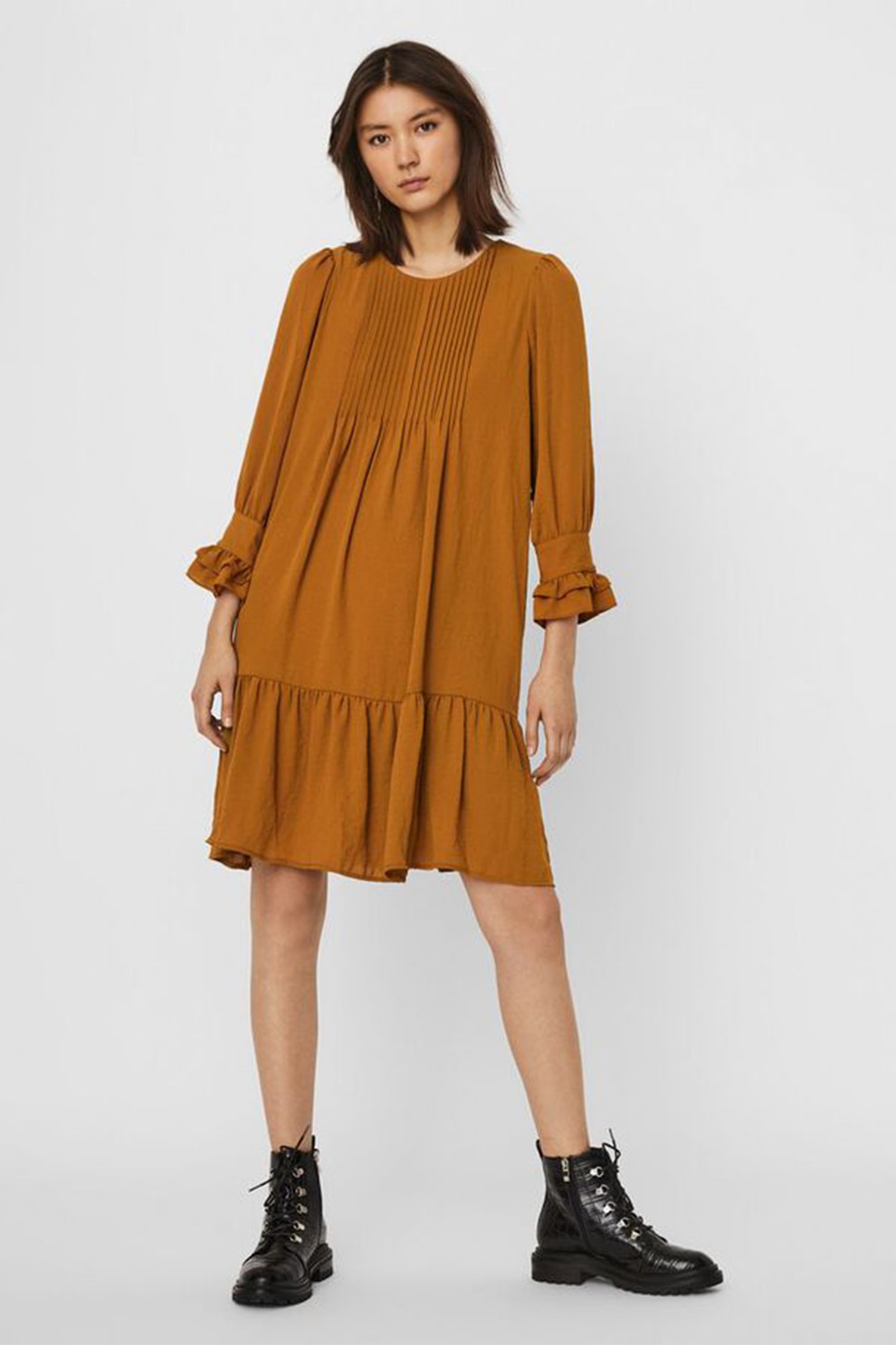Vero Moda, Rochie vaporoasa cu terminatie evazata, Maro caramel
