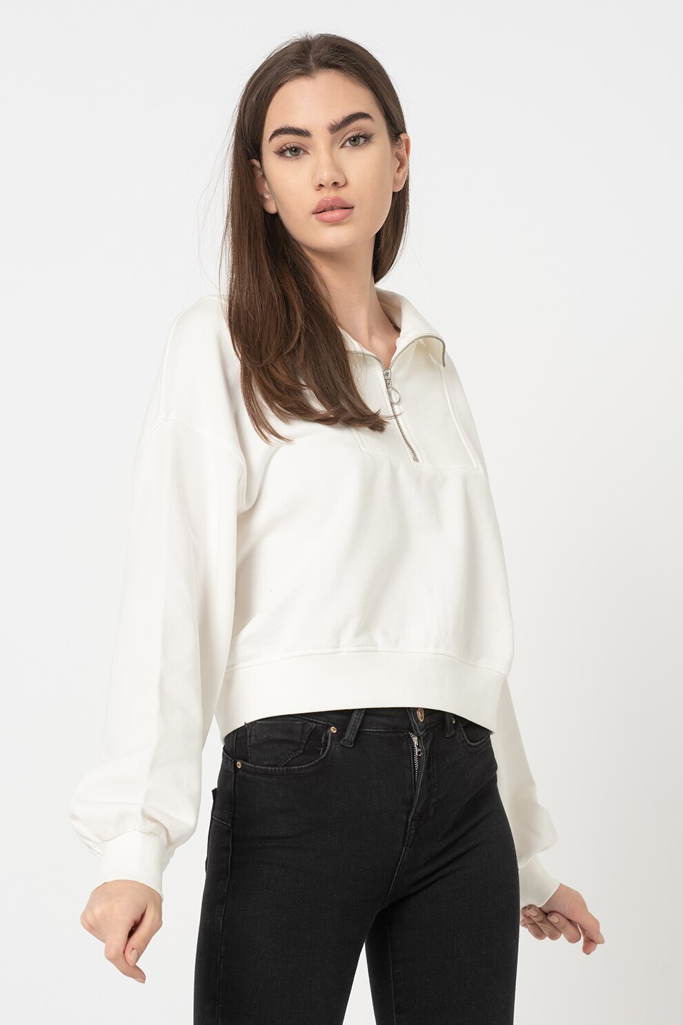 Only, Bluza sport crop lejera cu maneci cazute Larden, Alb