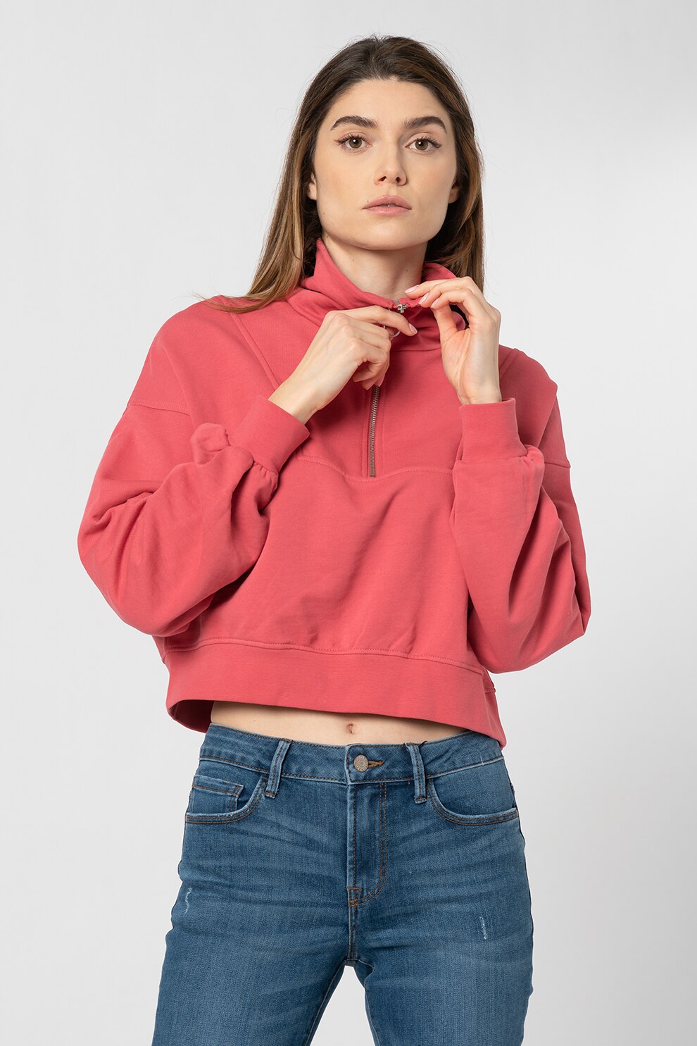 Only, Bluza sport crop lejera cu maneci cazute Larden, Roz
