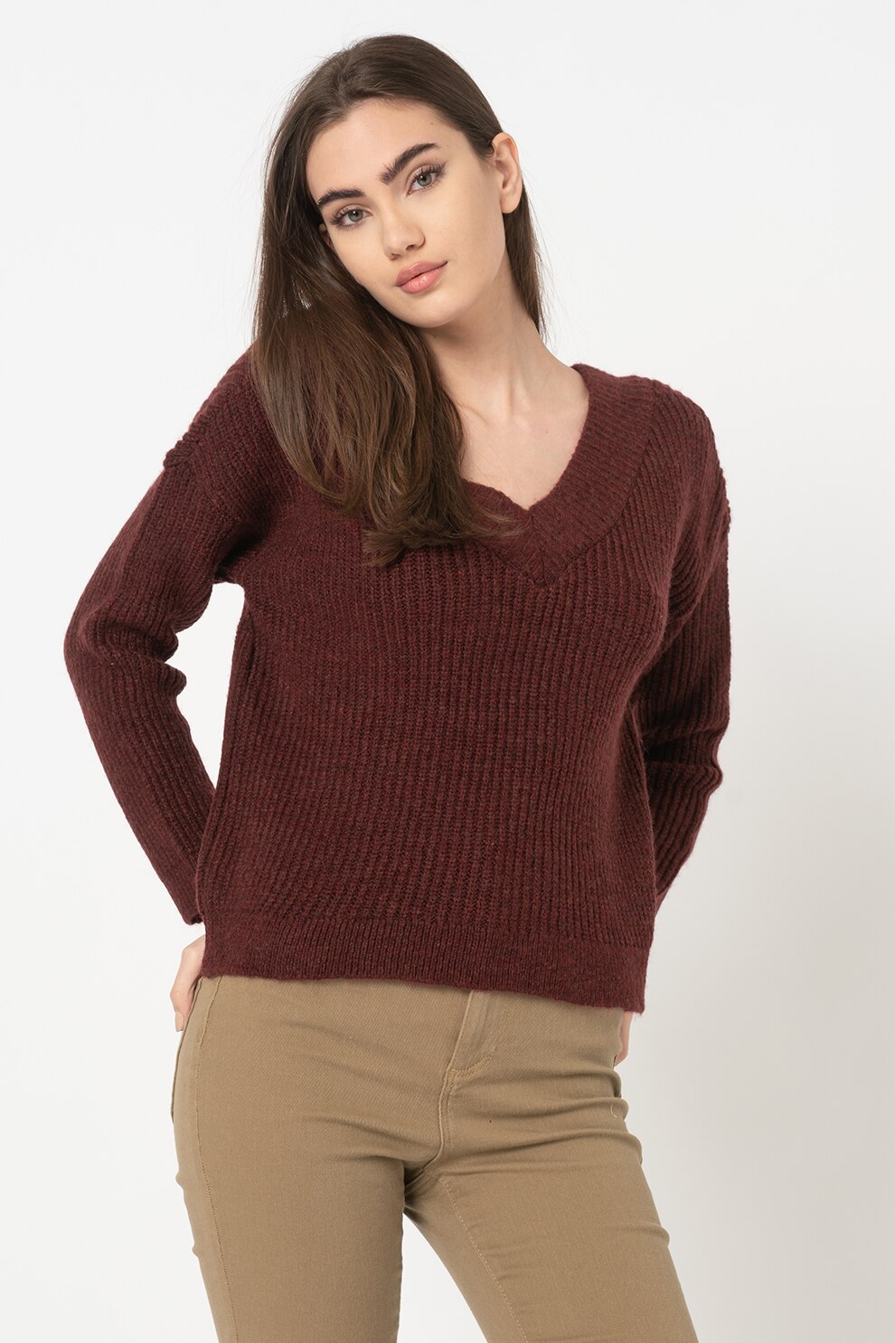 Only, Pulover cu decolteu in V si maneci cazute Jade, Rosu Bordeaux, XL