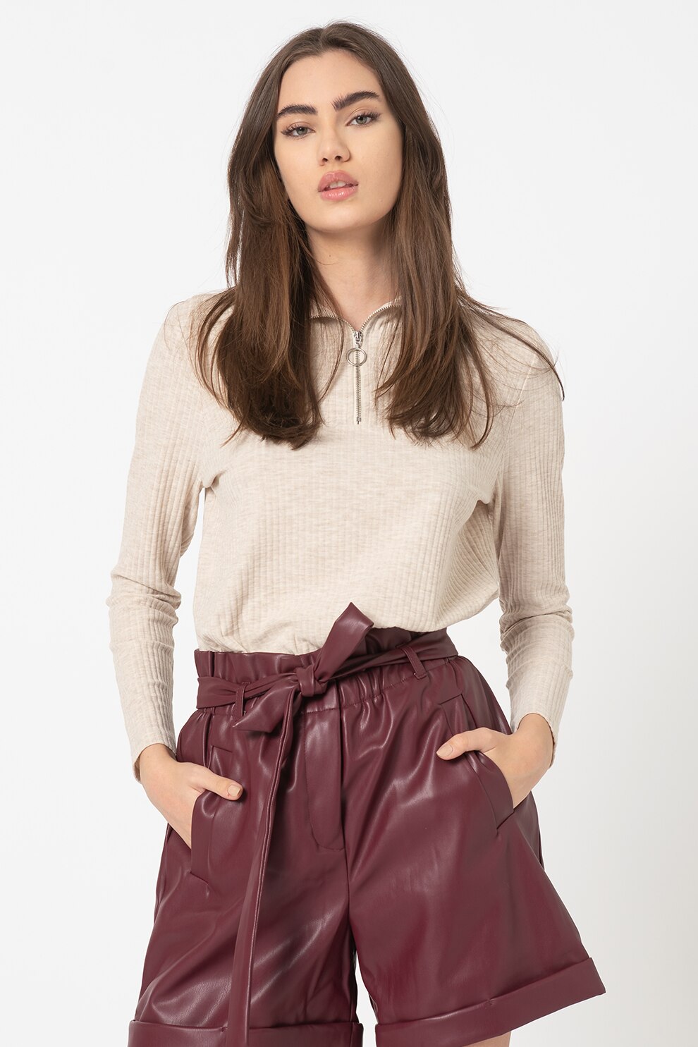 Only, Bluza cu striatii si fenta cu fermoar Nella, Maro nisip