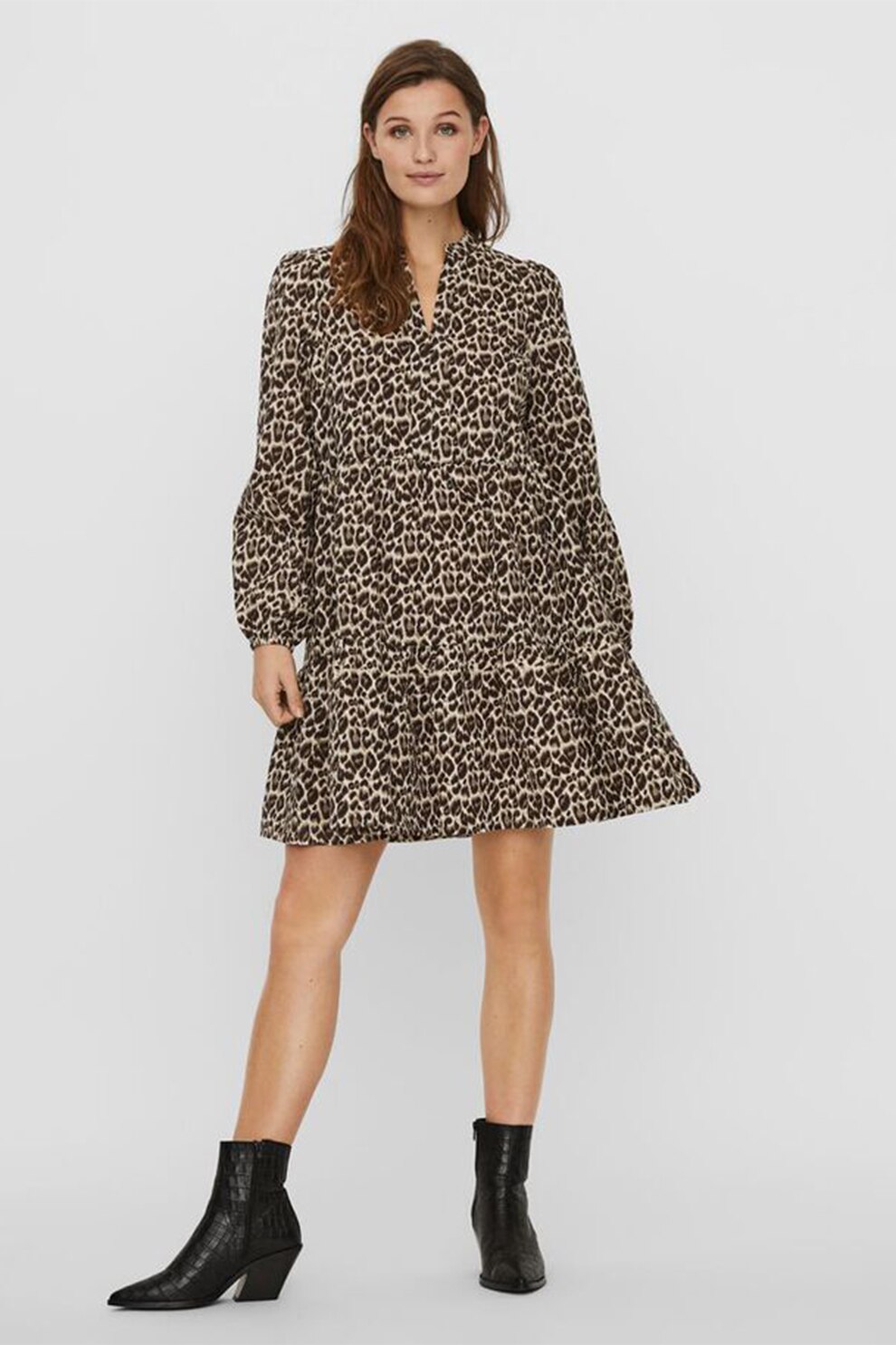 Vero Moda, Rochie mini cu decolteu in V si imprimeu, Maro/Bej