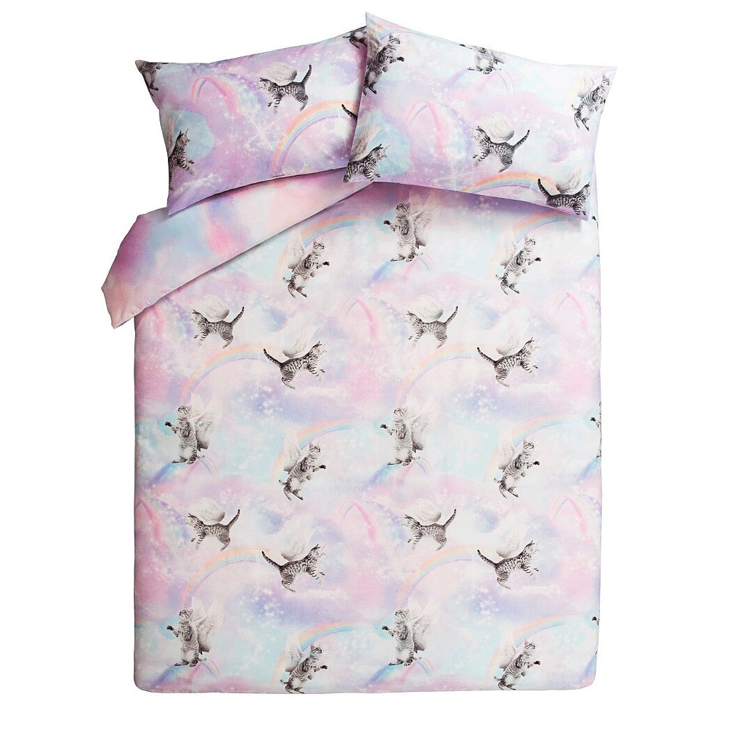 Lenjerie de pat ,1 plic pilota, 2 fete perna, 2 persoane, 260 x 220cm, 48 x 74cm, super king, pisica unicorn, George Home