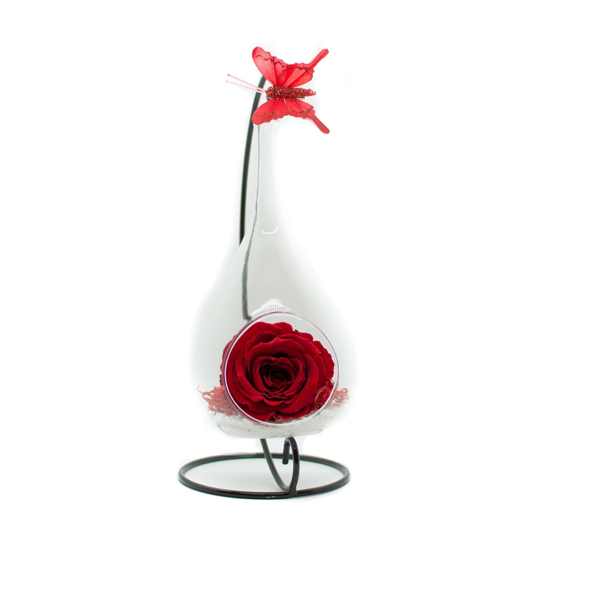 Trandafir Criogenat Glamouroses, rosu, pe pat de licheni stabilizati si nisip cuartos, in terariu lacrima de sticla, pe suport metalic