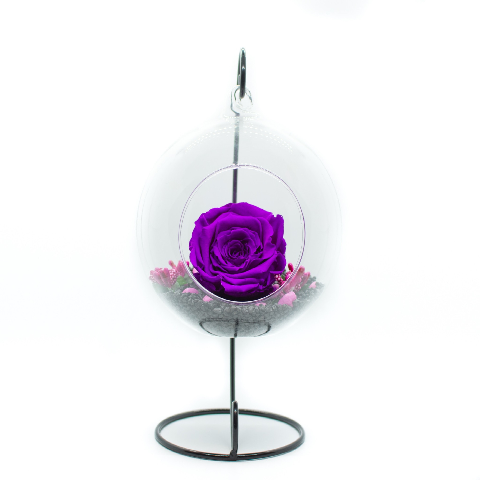 Trandafir Criogenat Glamouroses, mov, pe pat de nisip cuartos, in glob de sticla, pe suport metalic