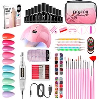 Kit unghii false, POPPII, 12 geluri colorate, Freza electrica, Lampa UV, Geanta, Ghid utilizare