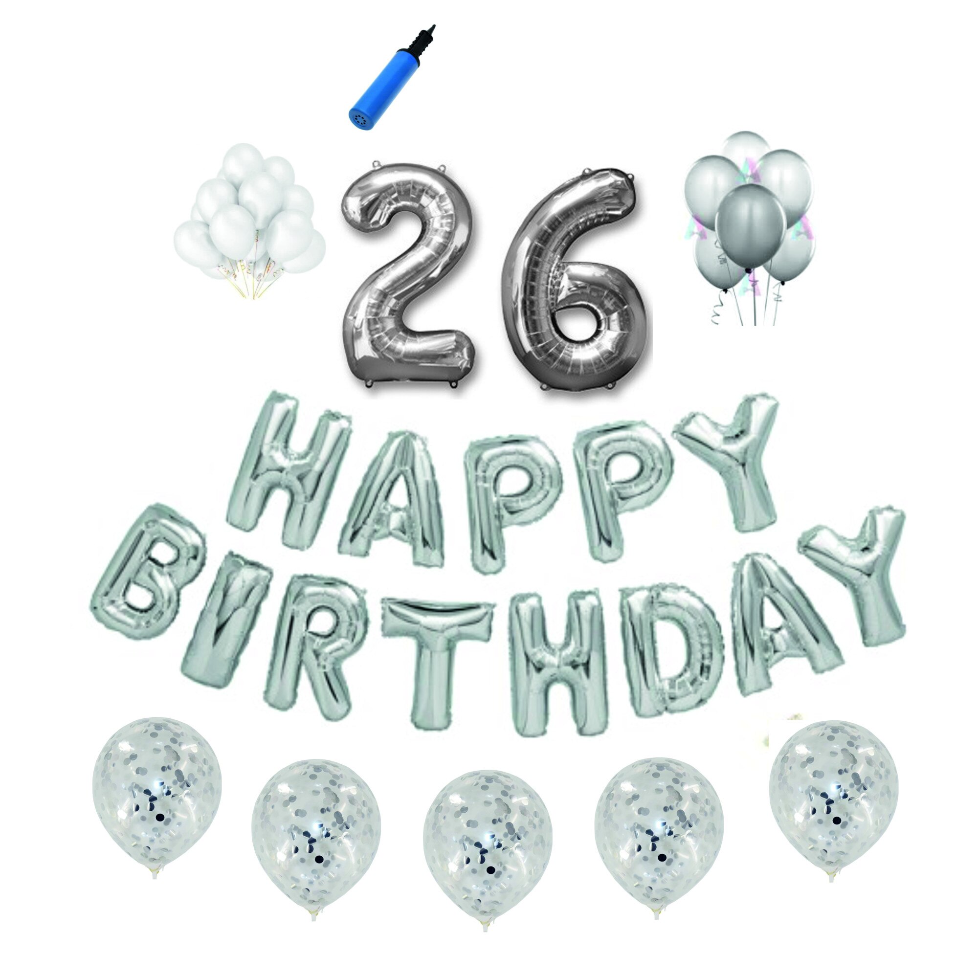 Set baloane Happy Birthday , pentru 26 ani, cifra 1 metru,Argintiu