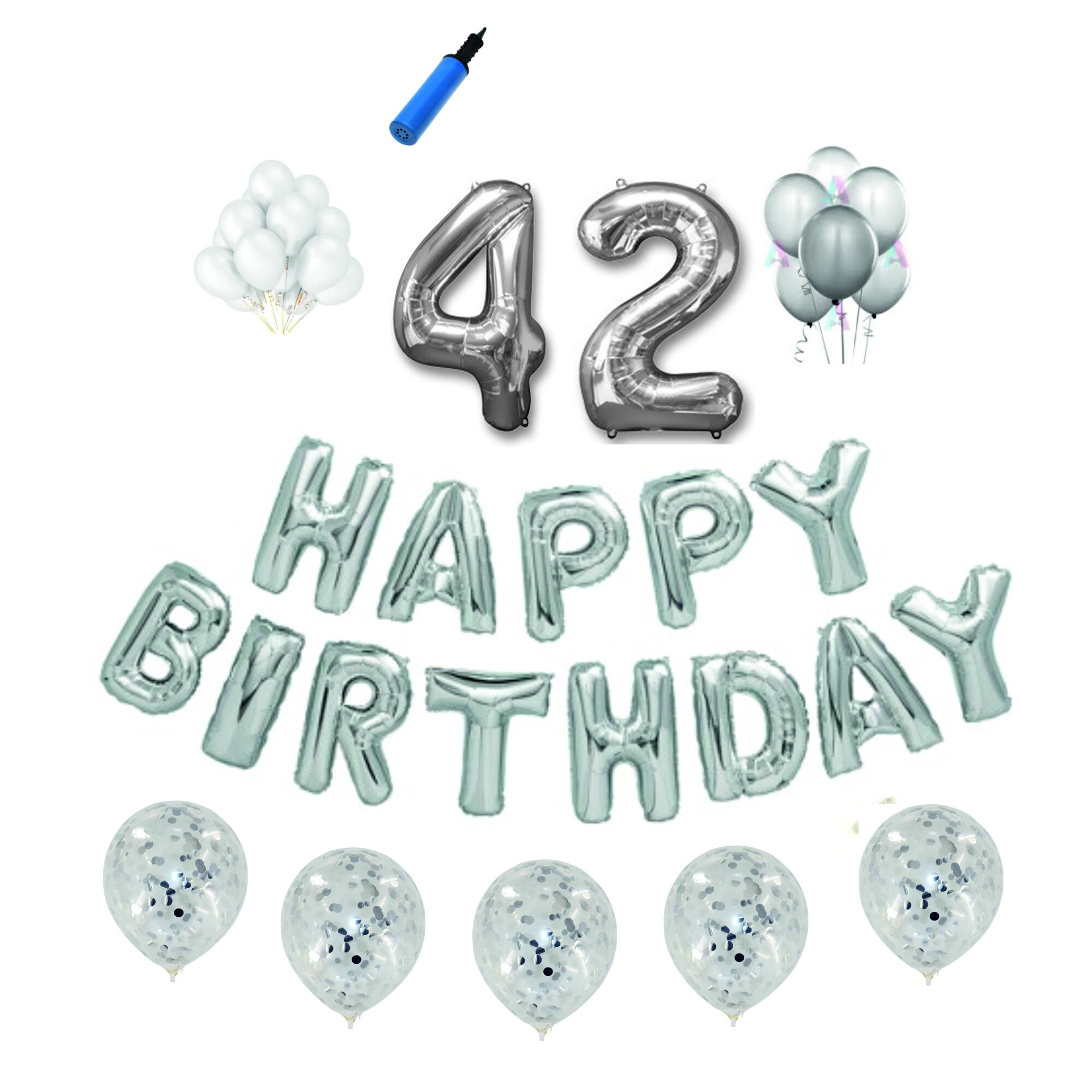 Set baloane Happy Birthday , pentru 42 ani, cifra 1 metru, Argintiu
