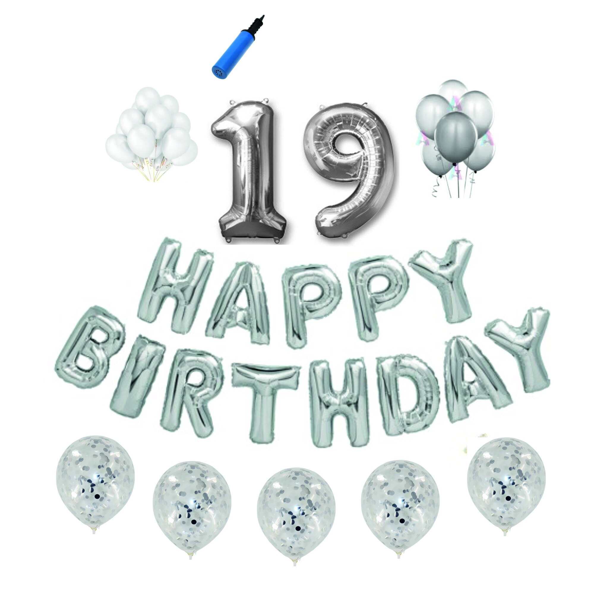 Set baloane Happy Birthday , pentru 19 ani, cifra 1 metru,Argintiu