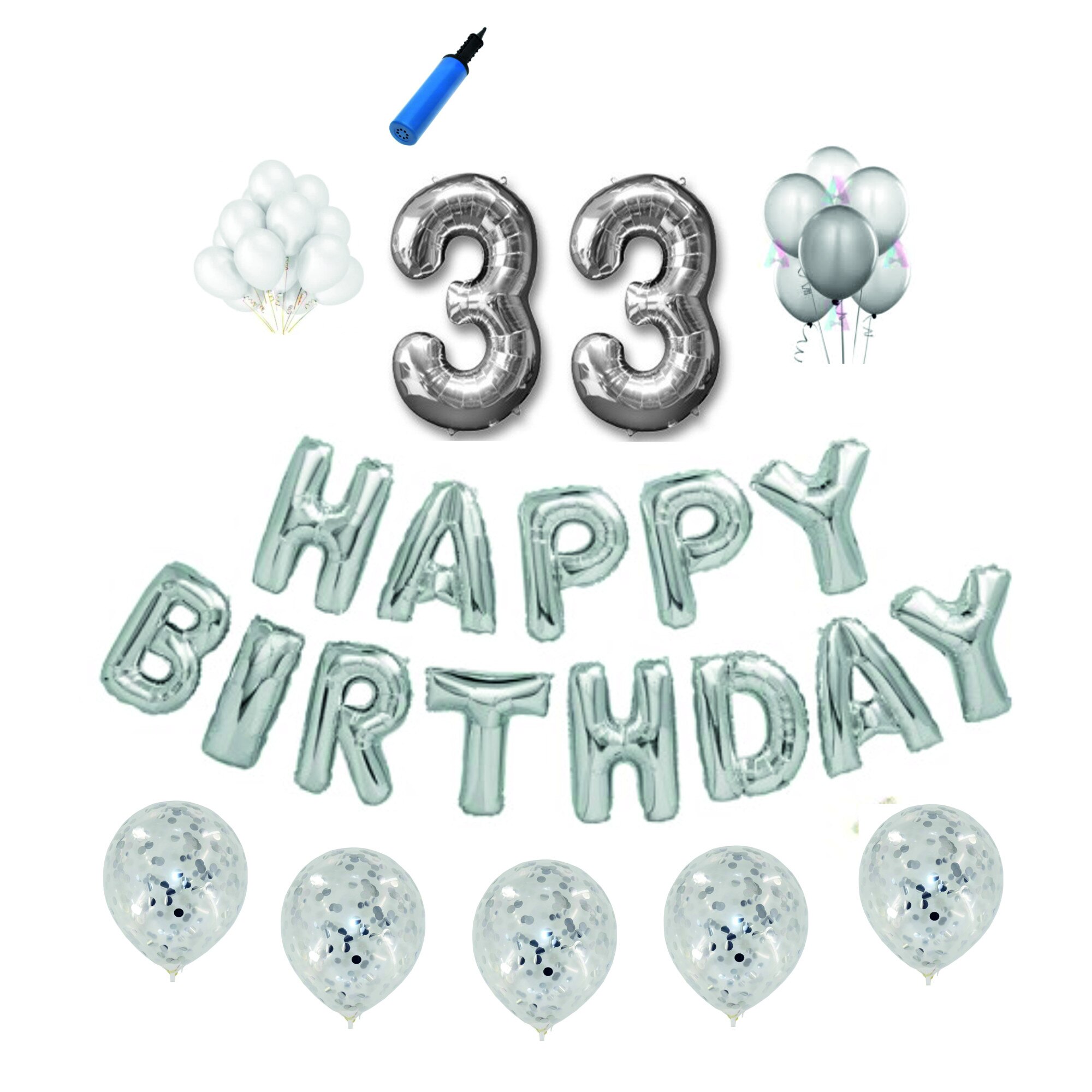 Set baloane Happy Birthday , pentru 33 ani, cifra 1 metru,Argintiu