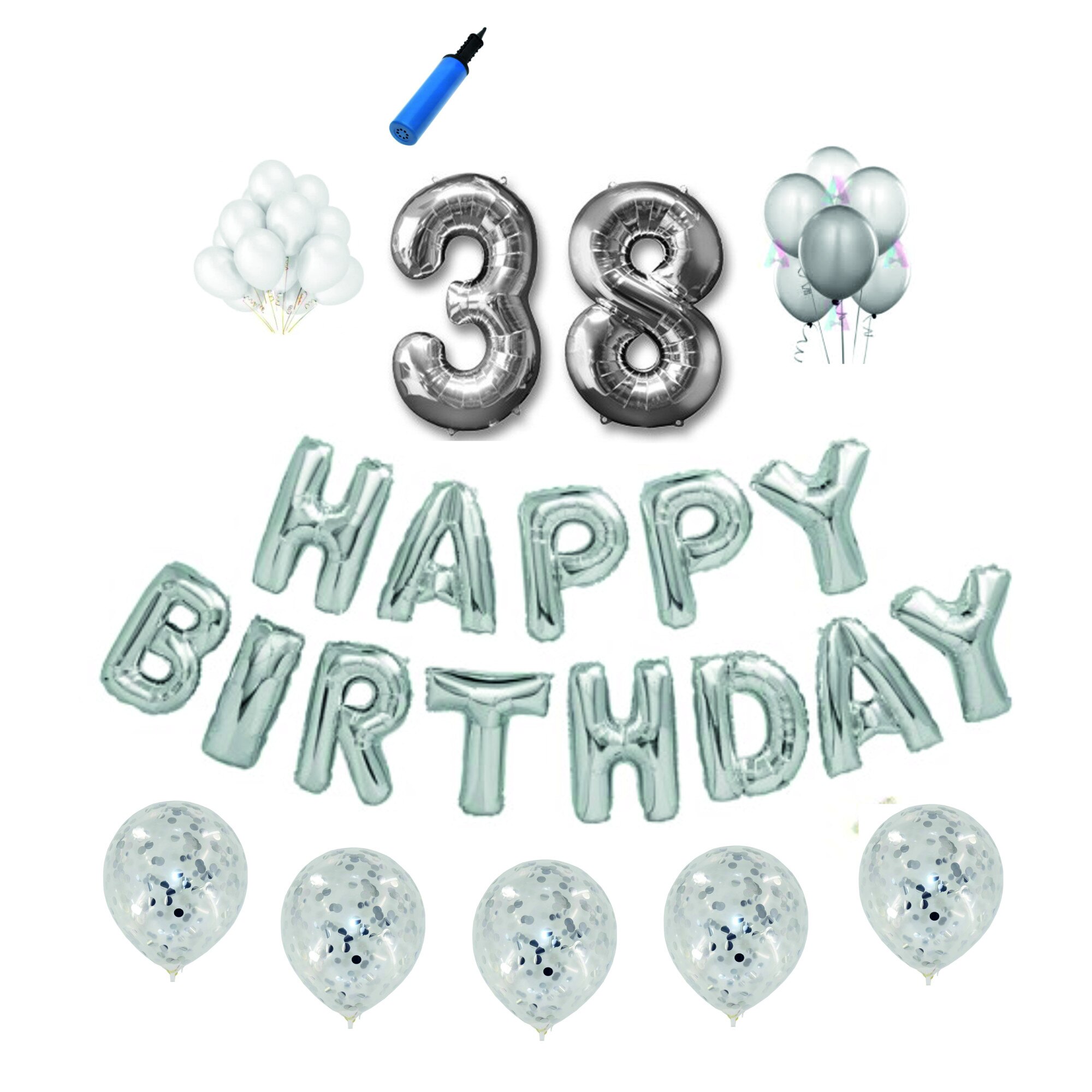 Set baloane Happy Birthday , pentru 38 ani, cifra 1 metru, Argintiu